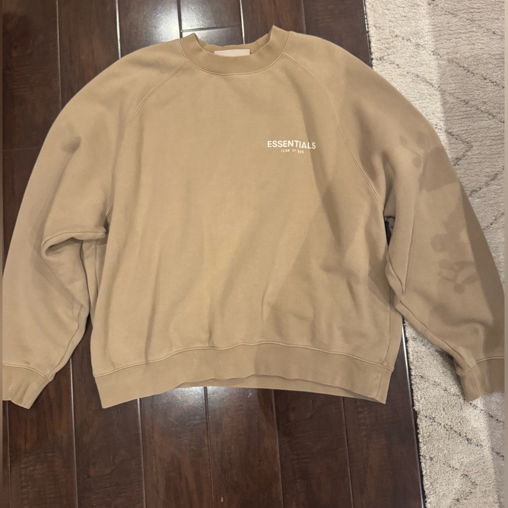Light brown/ tan essentials crewneck/ hoodie with velvet writing never worn!!